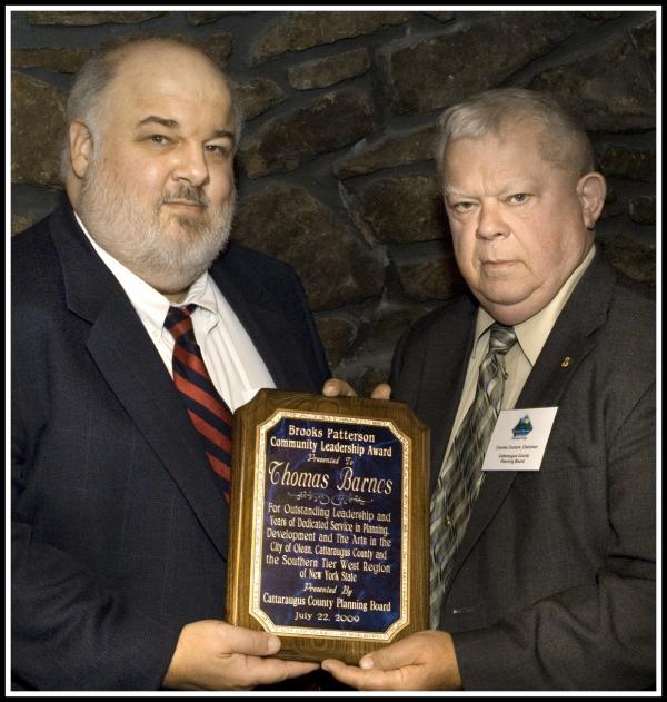 (l-r) Thomas Barnes, recipient of the Brooks Patterson Community Leadership Award for 2009, and Charles Couture, Chairman, Cattaraugus County Planning Board. Photo by Jack Berger 