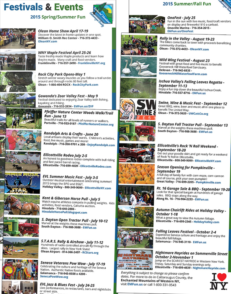 Collage of 2015 Festivals & Events Rack Cards (front & back) Collage of 2015 Festivals & Events Rack Cards (front & back)